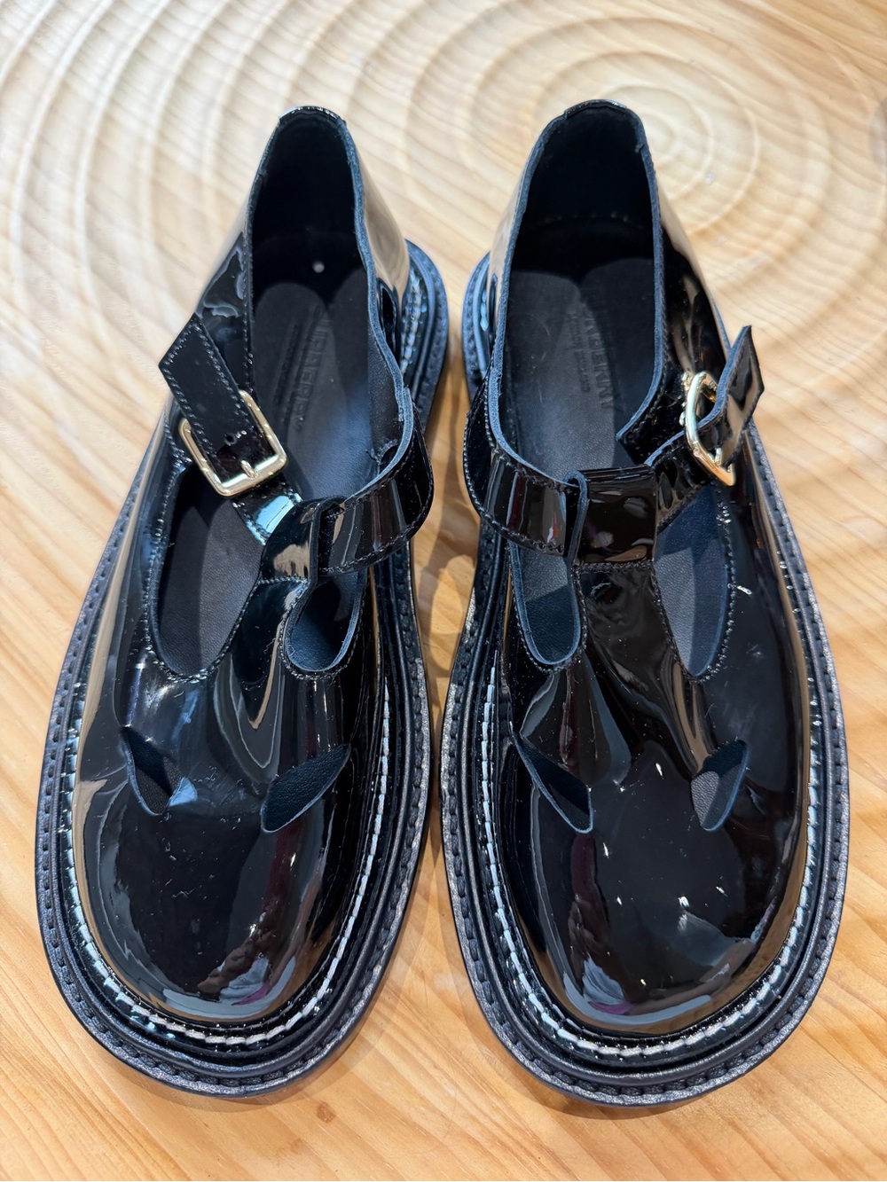 Burberry Black Patent Mary Jane Shoes with Gold Buckles